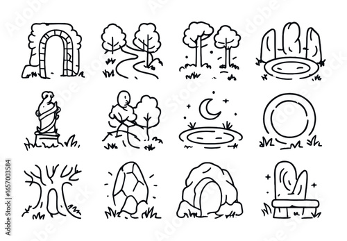 Hidden Forest Icons. Outline icon set of hidden forest landmarks: ancient arch, overgrown path, stone circle,