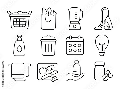 Home Task Icon Set. Outline icon set of home health tasks: laundry basket, grocery bag, food blender, vacuum