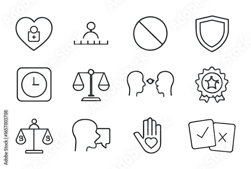 Self-Respect Icon Set. Outline icon set of self-respect values: locked heart, boundary line, no icon, shield