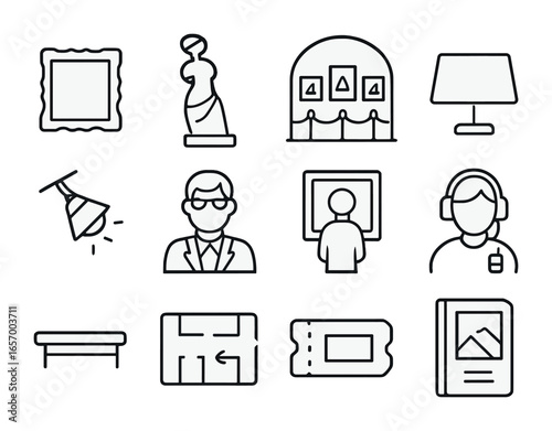Art Gallery Icons. Outline icon set of art galleries: picture frame, sculpture, gallery hall, exhibit label,