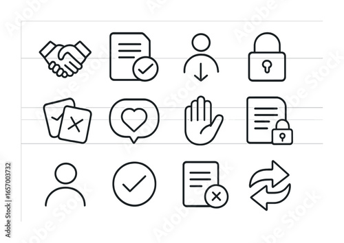 Consent Icons Collection. Outline icon set of consent and autonomy: handshake, agreement icon, personal