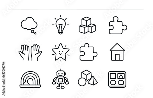 Creative Play Icon Set. Outline icon set of creative play: imagination cloud, idea lightbulb, stacked blocks,