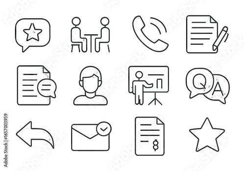 Client Communication Icons. Outline icon set of client communication: feedback bubble, meeting icon, phone