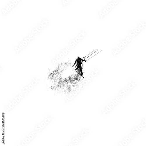 Silhouette of a kitesurfer riding a board with a large kite against a white background