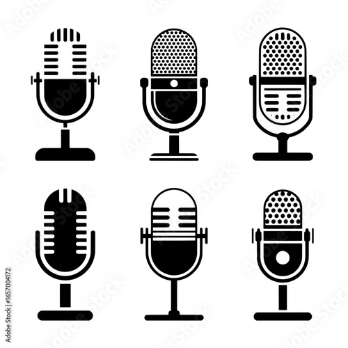 Six Retro Microphone Icons: Varied Styles, Solid Black, White Background