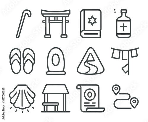 Sacred Pilgrimage Icons. Outline icon set of pilgrimage and sacred journeys: walking stick, shrine path,