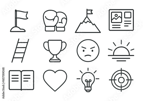 Dream Pursuit Icons. Outline icon set of fighting for your dreams: goal flag, boxing gloves, mountain peak,