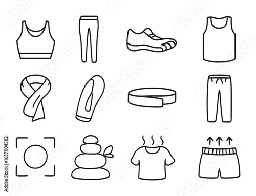 Yoga Attire Icons. Outline icon set of yoga and meditation attire: sports bra, stretch leggings, barefoot