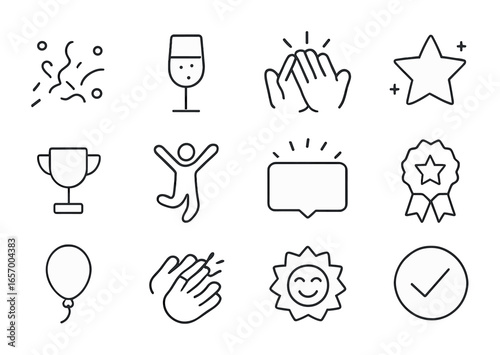Celebration Icons Set. Outline icon set of celebrating wins: confetti icon, champagne glass, high five,