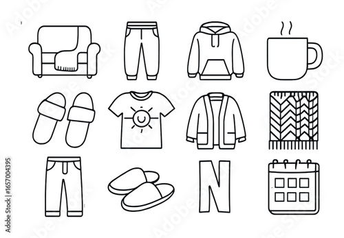 Chill Weekend Icons. Outline icon set of chill weekend wear: couch blanket, loose joggers, gamer hoodie, tea