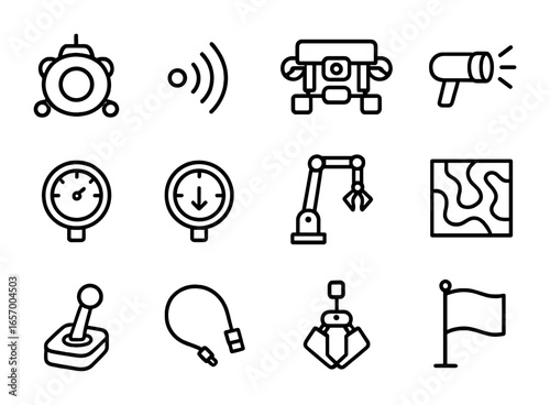 Deep Sea Icons Grid. Outline icon set of deep sea exploration: submersible vehicle, sonar wave, underwater