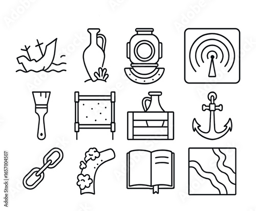 Underwater Archaeology Icons. Outline icon set of underwater archaeology: shipwreck, amphora, diving helmet,