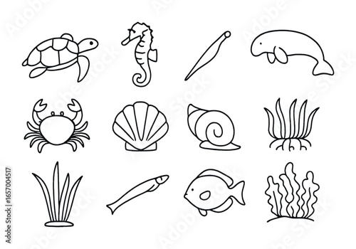 Seagrass Meadow Icons. Outline icon set of seagrass meadow life: turtle, sea horse, pipefish, dugong, crab,