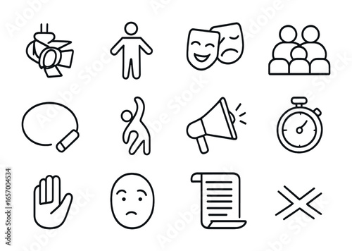 Performance Art Icons. Outline icon set of Performance Art: stage light, body outline, mask, audience seat,