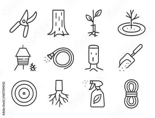 Tree Care Icons. Outline icon set of tree care and maintenance: pruning tool, tree trunk, sapling stake, mulch
