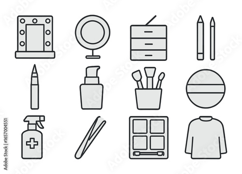 Makeup Tools Icons. Outline icon set of makeup studio tools: makeup mirror, light ring, drawer organizer, lip