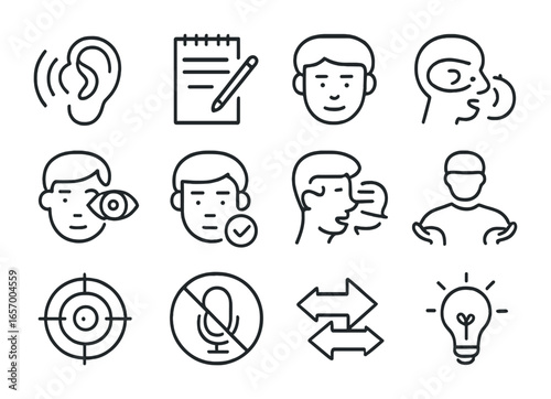 Active Listening Icons. Outline icon set of active listening in leadership: ear with waves, note pad, speech