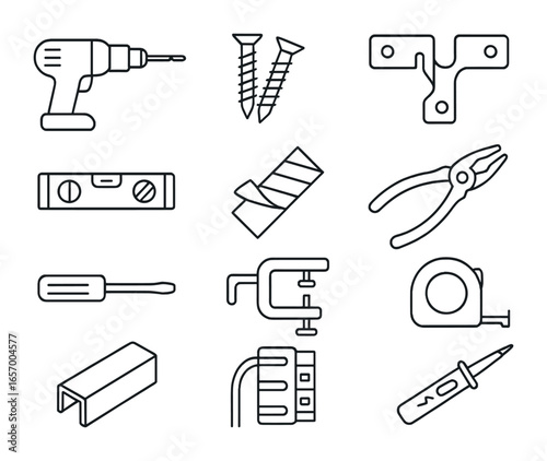 Lighting Tools Icon Set. Outline icon set of lighting installation tools: drill, screws, mounting bracket,