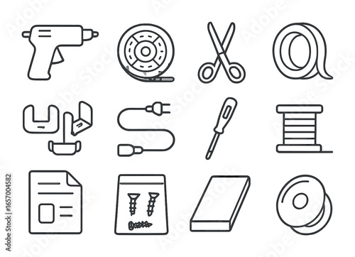DIY Lighting Icons. Outline icon set of DIY lighting projects: glue gun, LED roll, scissors, mounting clips,