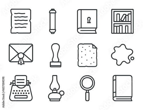 Literary Archive Icons. Outline icon set of literary archives: old manuscript, scroll case, book safe, archive