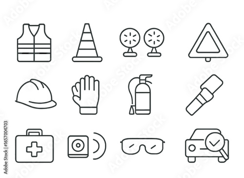 Trucking Safety Icons. Outline icon set of trucking safety essentials: safety vest, road cone, hazard lights,