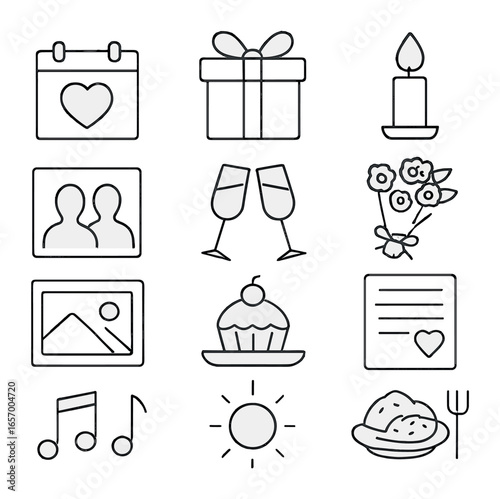 Anniversary Icon Set. Outline icon set of small anniversary moments: calendar heart, wrapped gift, candle