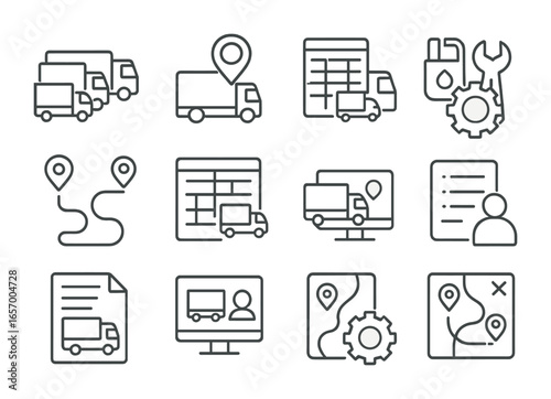 Truck Fleet Icon Set. Outline icon set of truck fleet management: fleet icon, vehicle tracker, fuel log, route
