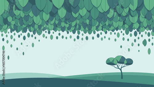 A stylized landscape with a canopy of leaves and a lone tree on a gently sloping green hill side view