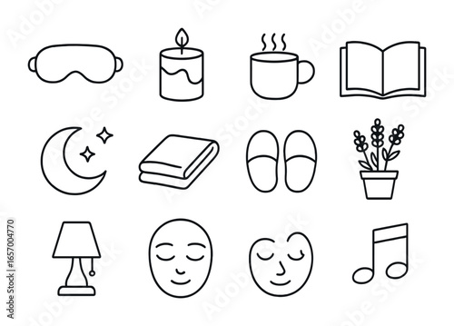 Nighttime Relaxation Icons. Outline icon set of nighttime relaxation: sleep mask, candle, warm tea mug, book,