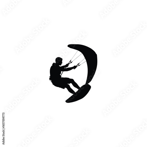 Silhouette of a kitesurfer riding a board with a large kite against a white background