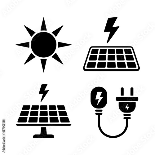 Four Solid Black Renewable Energy Icons: Sun, Solar Panel, Solar Panel on Stand, and Power Plug