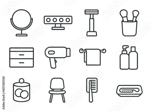 Self-Care Icon Set. Outline icon set of self-care station: makeup mirror, grooming light, razor stand, brush