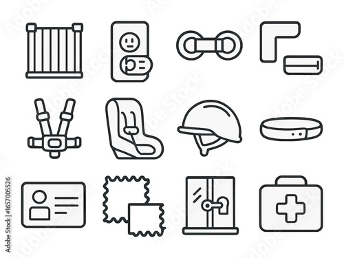 Child Safety Icons. Outline icon set of child safety and protection: baby gate, outlet cover, cabinet lock,