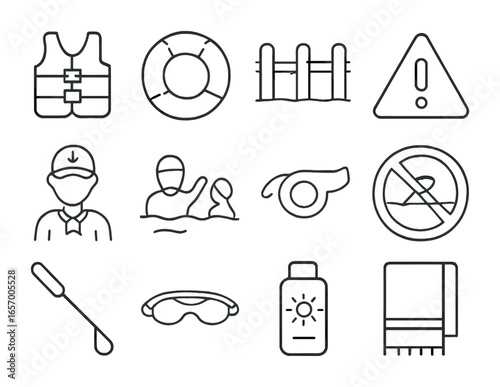Water Safety Icons. Outline icon set of water safety for children: life jacket, swimming ring, pool fence,