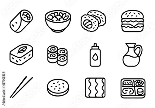 Sushi Fusion Icon Set. Outline icon set of sushi fusion: burrito sushi, poke bowl, fried sushi, sushi burger,