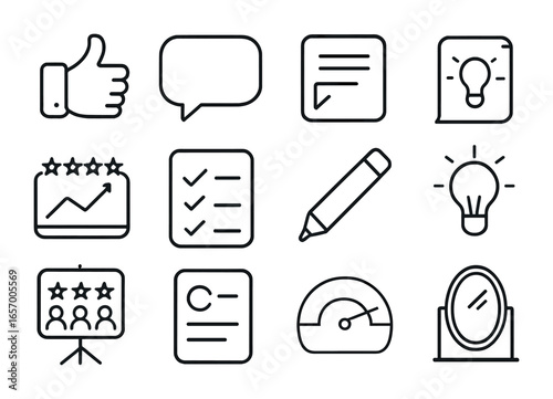 Workplace Feedback Icons. Outline icon set of workplace feedback: thumbs up, thumbs down, comment bubble,