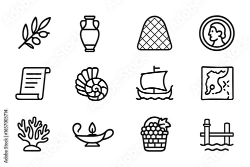 Mediterranean Trade Icons. Outline icon set of Mediterranean trade: olive branch, amphora, fish net, bronze