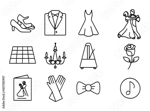 Ballroom Dance Icons. Outline icon set of ballroom dance essentials: dance shoes, tuxedo, gown, waltz pose,