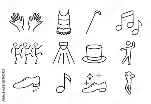 Jazz Dance Icon Set. Outline icon set of jazz dance motifs: jazz hands, flapper dress, cane, upbeat notes,
