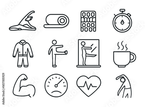 Dance Warm-Up Icons. Outline icon set of dance warm-up routines: stretching pose, yoga mat, foam roller, timer