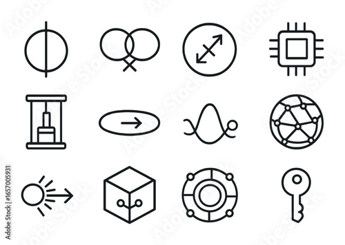 Quantum Computing Icons. Outline icon set of quantum computing: qubit, entangled atoms, superposition icon,