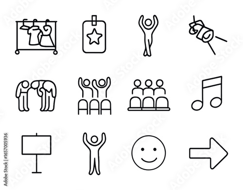 Dance Icon Set. Outline icon set of dance performance icons: costume rack, backstage pass, final pose, stage