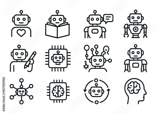Intelligent Machine Icons. Outline icon set of intelligent machines: emotion AI, learning module, language
