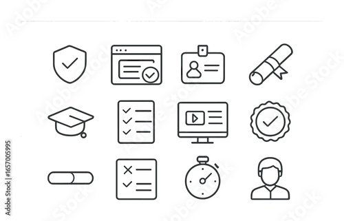 Online Certification Icons. Outline icon set of online certification: verified badge, course window, ID card,