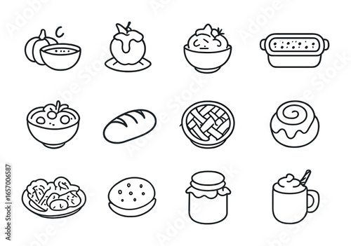 Autumn Comfort Food Icons. Outline icon set of comfort food for autumn: pumpkin soup, baked apple, mashed