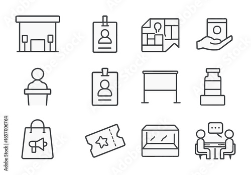 Trade Show Icons. Outline icon set of trade exhibitions and expos: expo booth, exhibition badge, trade show
