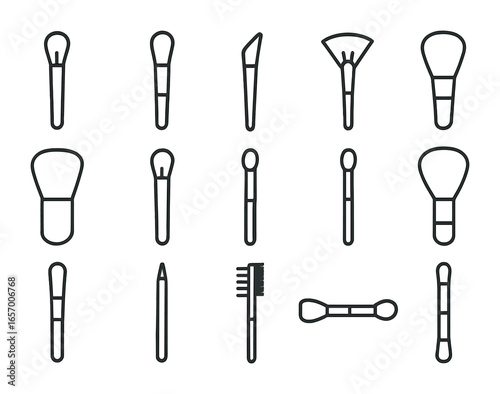 Makeup Brush Icons. Outline icon set of makeup brush types: blending brush, flat shader, angled liner, fan