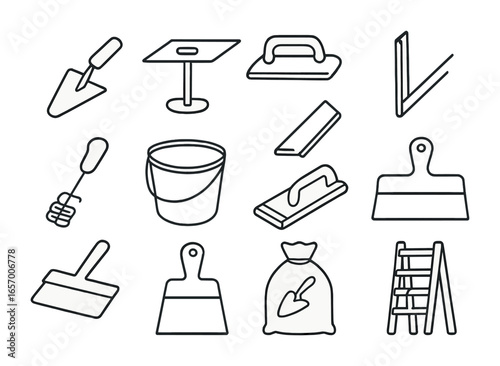 Plastering Tools Icons. Outline icon set of plastering tools and techniques: trowel, hawk board, float, corner
