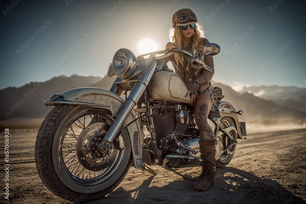 Obraz premium Female biker with vintage motorcycle in desert setting at sunset