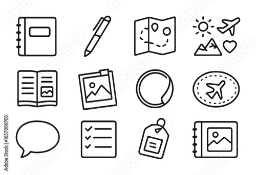 Travel Journal Icons. Outline vector icons of travel journaling: notebook, pen, sketch map, doodles, journal